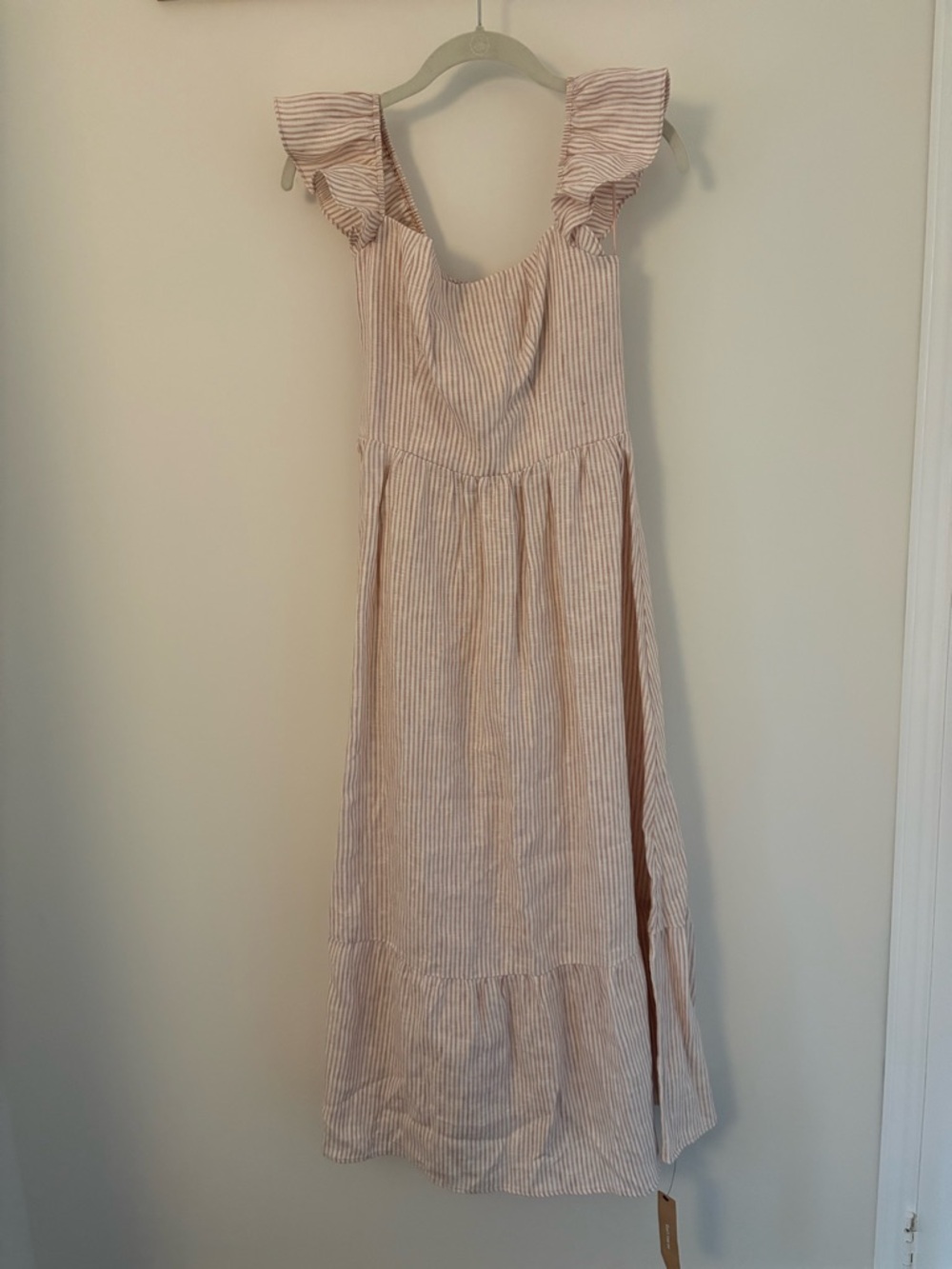 Reformation Pink and White Striped Midi Dress with Ruffle Sleeves